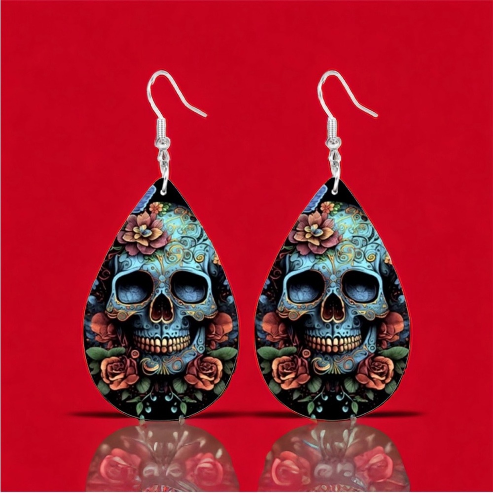 Gorgeous Blue Skull with Flower Print Teardrop Dangle Earrings Gothic Faux Leath